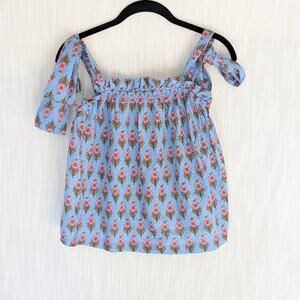 Marea Blue Floral Tie Shoulder Sleeveless Cotton Blouse Top, size XL